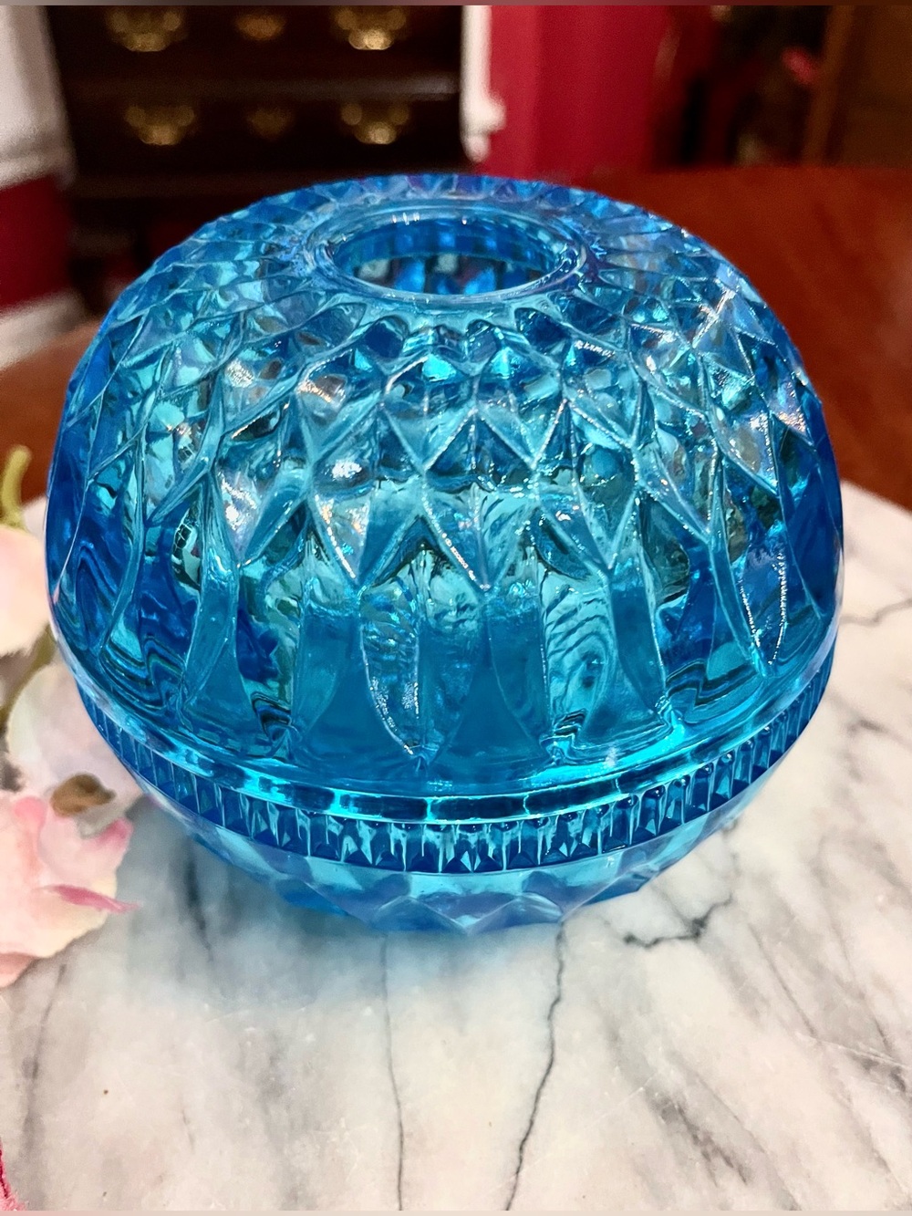 VTG Indiana Glass Mt. Vernon Blue Fairy Lamp Model #2407 Peacock Blue 2-pc